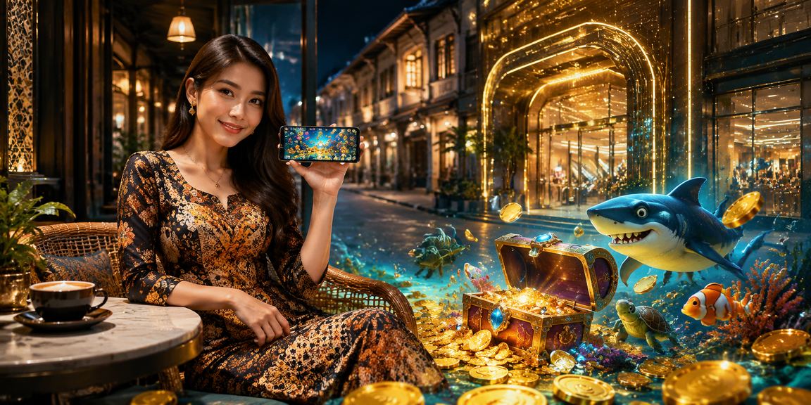 Permainan menembak ikan dengan latar belakang batik Ipoh yang meriah dan berwarna-warni